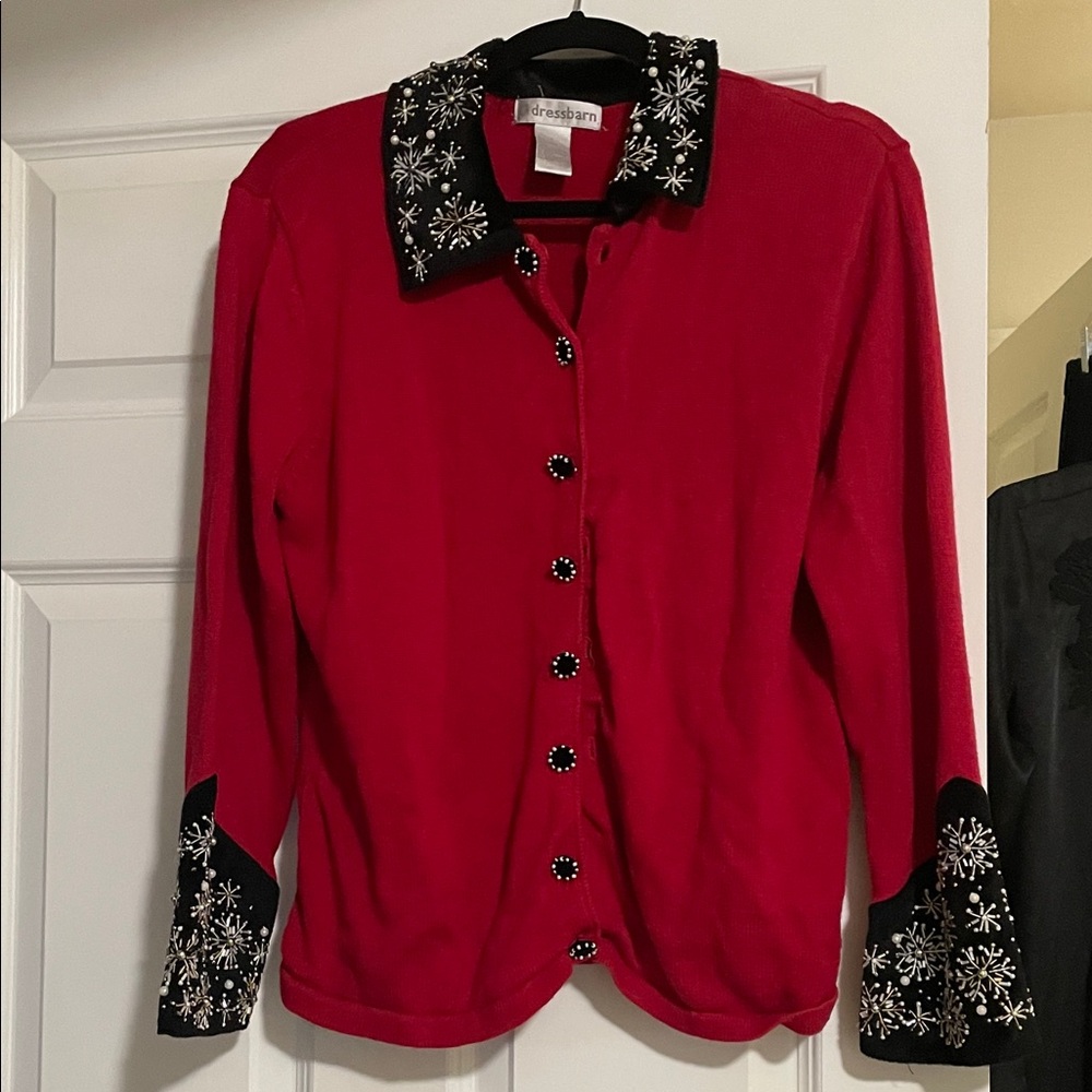 Dressbarn Red Button Down Shirt with Snowflake Embellishments